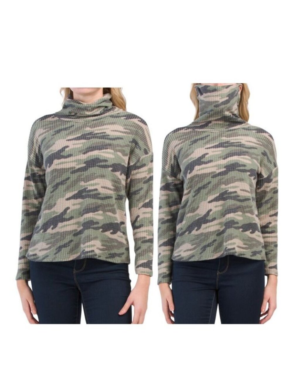⭐Women Long Sleeve Top SZ M Travel Convertible Mask Cowl Neck Shirt Camo Green⭐
